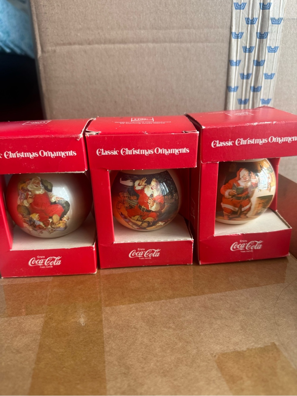 Vintage Coca-Cola Classic Christmas Santa Ornaments Set of 3 With Boxes